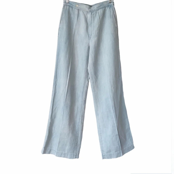 POLO RALPH LAUREN Wide Leg Jeans 30 High-Rise Light Wash Cotton Linen Flare Pant - Picture 1 of 15